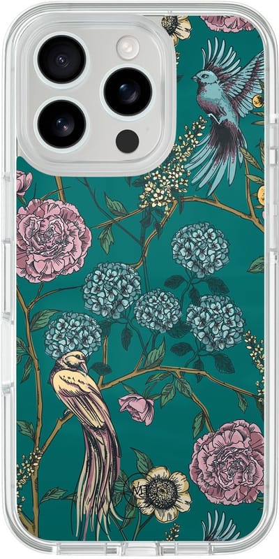 Hybride hoesje geschikt voor iPhone 16 Pro - Vogels Japanse bloemen - Extra bescherming - Luxe beschermhoes - TPU case - Transparant, Grijs, Groen - Mooie Telefoonhoesjes