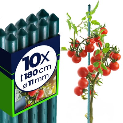 KADAX Bloemensteun, van staal, kunststof gecoat, plantenstok, voor het geleiden van klimplanten, weerbestendige plantensteun, tomatenstok, klimhulp met haakjes,180 cm x 11 mm, set van 10 stuks