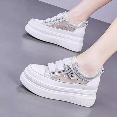 Leren Binnenverhogende Damesschoenen Zomer Nieuwe Klittenband Kleine Witte Schoenen Kinderen Mesh Ademende Casual Sportschoenen 39 gray