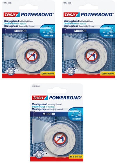 3x Tesa dubbelzijdig montagetape op rol voor spiegels 1,5 meter - Klusmateriaal - Huishoudartikelen - Tesa Powerbond - Waterproof - Montagetape - Dubbelzijdig tape