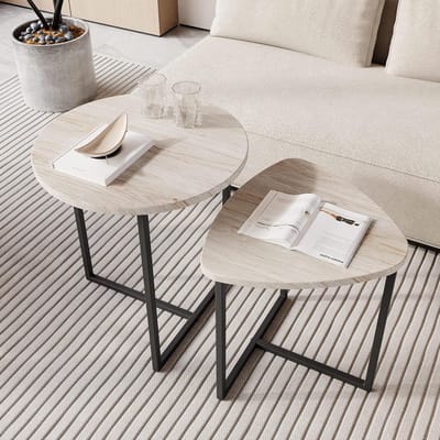 HOJINLINERO Ronde salontafel, set van 2 bijzettafels voor woonkamer, zwarte kleine salontafel, woonkamertafel, metalen frame met houten bijzettafel, stevige en eenvoudige montage, stapelbare