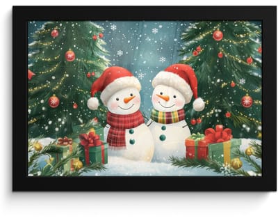 Poster in lijst - Fotolijst 30x20 cm - Posters - Sneeuwpop - Kerstsneeuw - Groen - Rood - Posterlijst zwart - Decoratie - Wanddecoratie woonkamer - Muurdecoratie slaapkamer - Kerstversiering - Kerstdecoratie voor binnen - Kerstmis