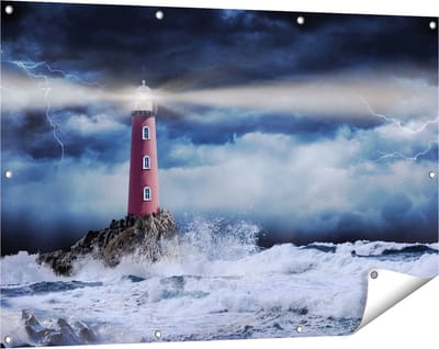 Gards Tuinposter Vuurtoren op een Storm Zee met Golfen Water - 120x80 cm - Tuindoek - Tuindecoratie - Wanddecoratie buiten - Tuinschilderij