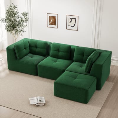 DESMIU Hoekbank 297 x 177 cm - Modulair 3-Zits Met Ottomane En Diepe Zitting - Voor Woonkamer - Corduroy - Groen