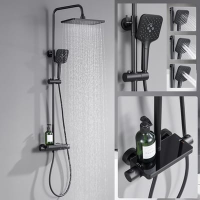 Sofetiy Max Regendouche met Thermostaatkraan - Douchesysteem - Hoofddouche en 3 Standen Handdouche - Met planchet - Verstelbare Hoogte 88-125 cm - Doucheset - Zwart