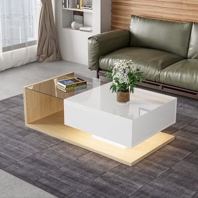 MODENUIT Salontafel - Glazen Blad Met LED-Verlichting - Voor Woonkamer - Spaanplaat Wit En Naturel - 105x55x32,5 cm