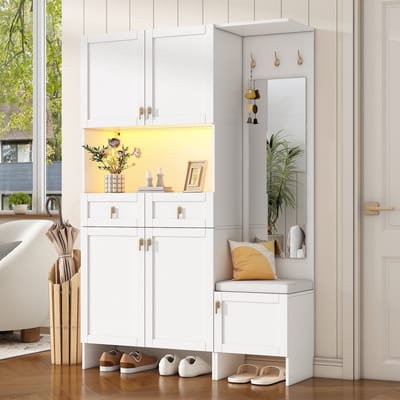 Sweiko Halmeubel - Garderobe - Schoenenkast - LED verlichting - Met zitten - Spiegel - 3 haken - 2 lades - Wit