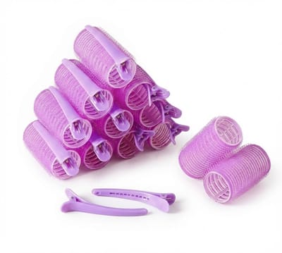 Reeks paars klittenband haarkrullers set voor dames – 24 stuks met 12 zelfhechtende krulrollers en 12 clips – haar rollers voor krullen, volume en styling van korte, middellange en lange haarlengtes