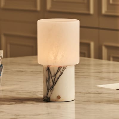 Tavellio Cuyp Draadloze Tafellamp – H22 – Lilac Marmer en Glas – Tot 100 uur – Wit