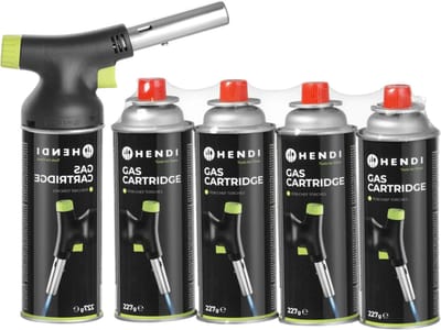 Hendi BBQ Aansteker / Creme Brulee Brander / Koksbrander - met gasbus + Extra Butaan Gas Navullingen - 4 Stuks