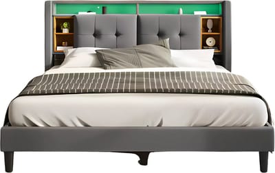 Bed - Tweepersoonsbedden - Tweepersoonsbed - Voor Slaapkamer - Met Opbergruimte, Hoofdeinde met USB-oplaadpunt & LED-verlichting - Bedrek & Houten Lattenbodem - Donkergrijs - 160x200 cm