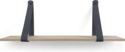 Eiken wandplank 18 mm 100 x 20 cm met leren riemen grijs - Eikenhouten wandplank - Wandplank hout - Leren plankdragers - Wandplank industrieel