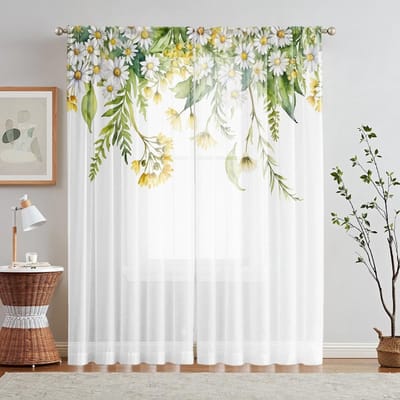 2 pièces écran de fenêtre imprimé fleur blanche fraîche numérique HD décoration de maison style décoration salon chambre à coucher tige à travers curta W52H63inchW132H160cm white