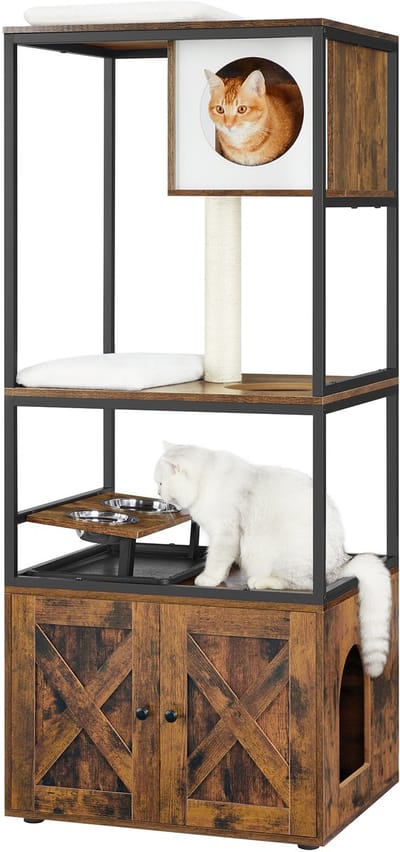 Feandrea - Krabpaal - Krabpaal met Kattenbak Kast - Verhoogde Voerbak - Wasbare Kussens