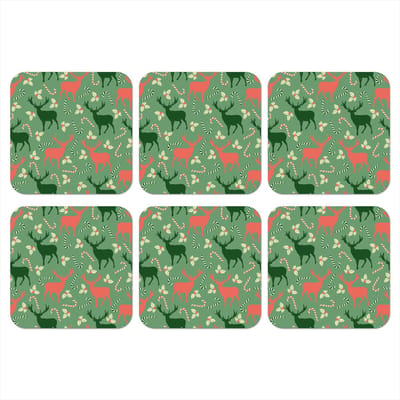 Onderzetters voor glazen - Patronen - Christmas - Rendier - 10x10 cm - Glasonderzetters - 6 stuks - Tafeldecoratie Kerstmis - Kerstdecoratie tafel - Tafelversiering