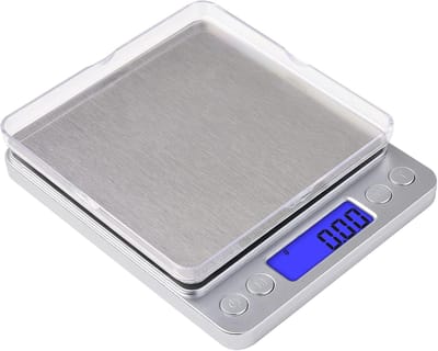 Precisieweegschaal 500g tot 0,01g, keukenweegschaal, zakweegschaal en sieradenweegschaal, elektronische weegschaal met hoge precisie, verlicht LCD-scherm, inclusief weegplateau.