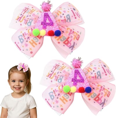 Set van 2 Verjaardagshaarstrikken voor Meisjes, Aardbeiroze en Blauwe Haarbanden met Sprankelende Cijfers voor Kinderen van 1-6 Jaar, Perfect voor Taartverwoesting en Fotoprops