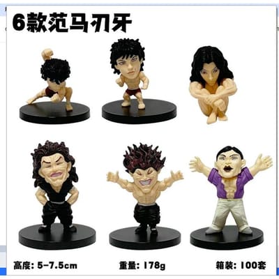 6 Stuks/Set Hanma Baki Anime Figuur 5-7,5 cm Q Versie Spier Hanma Yujiro Augurk Auto Bureaublad Ornamenten Verzamelspeelgoed Cadeaus Poppen no box black