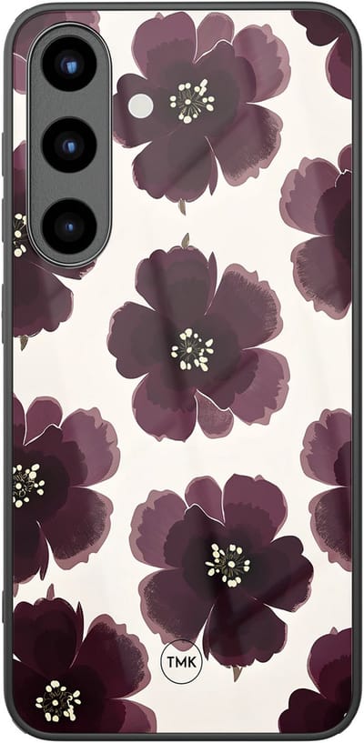 Hoesje geschikt voor Samsung Galaxy S25 - Burgundy flowers - Paars - TPU luxe case (glossy toplaag) - Bloemen - Hardcase backcover zwart
