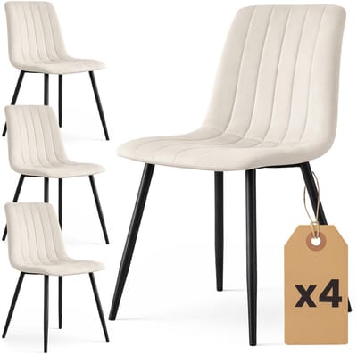 Set van 4 Eetkamerstoelen LIVO / Gestoffeerde Stoelen / Fluwelen Stoelen en Metalen Poten / Beige met zwarte benen