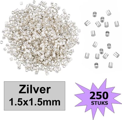 Fako Bijoux® - Knijpkralen - Knijp Kralen - Crimp Beads - Metaal - Tube - 1.5x1.5mm - 250 Stuks - Zilverkleurig