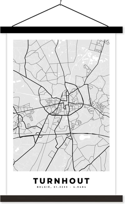 Posterhanger incl. Poster 40x60 cm - Schoolplaat - Zwart Wit – België – Plattegrond – Stadskaart – Kaart – Turnhout - Textielposter - Zwarte latten - Stadskaart