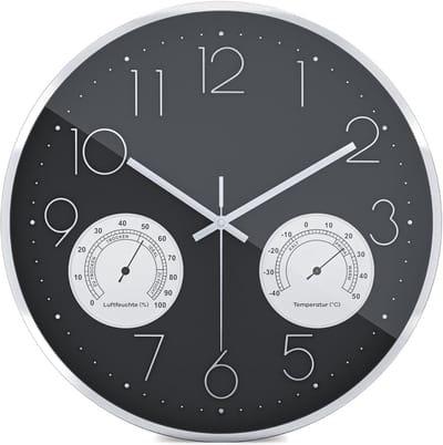 Stille wandklok met aluminium frame en temperatuur- en luchtvochtigheidsweergave – 35 cm
