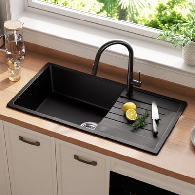 CECIPA MAX Granieten spoelbakken (86x45CM) - Spoelbak Keuken Zwart - Wasbak Keuken Met Waterafvoersysteem en Afdruiprek