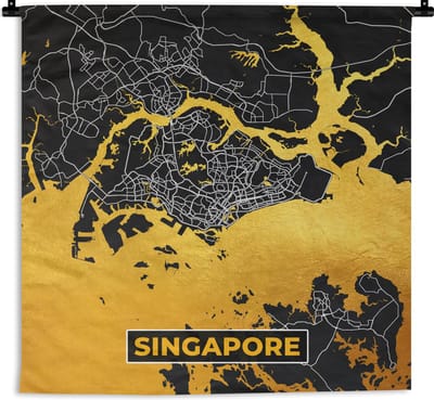 Wandkleed - Wanddoek - Singapore - Goud - Plattegrond - Stadskaart - Kaart - 180x180 cm - Wandtapijt
