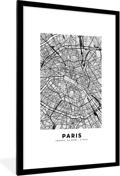 Fotolijst incl. Poster - Kaart - Stadskaart - Parijs - Plattegrond - Frankrijk - 80x120 cm - Posterlijst