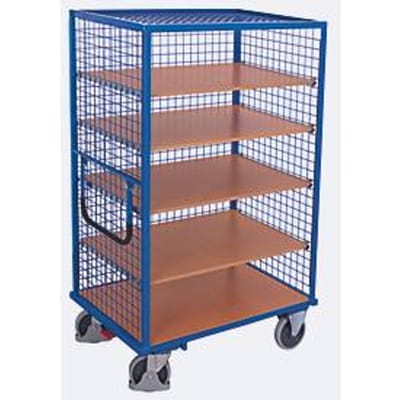Etagewagen met draadgaas, staal/MDF-plaat, decor gentiaanblauw/beuken, 5 etages, 1245 x 785 mm, 3 wanden en dak, EasySTOP, tot 500 kg