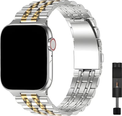 Innerlight® Grandeur - Zilver/Goud - 38/40/41 mm - Metalen Apple Watch Bandje - Schakel Armband RVS - Stainless Steel Watch Band - Roestvrijstaal - Horlogeband - Geschikt als Apple Watch bandje voor Series 1/2/3/4/5/6/7/8/9/10 42mm/11 42mm/SE