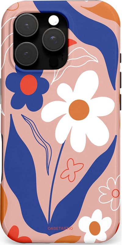 Casetastic hoesje geschikt voor Apple iPhone 16 Pro - MagSafe - Dubbellaagse bescherming - Eenvoud in bloei - Fashion Case - Perzik Donkerblauw Wit