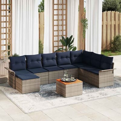 vidaXL - Tuinbank - Set - 9 - st - Grijs - en - Marineblauw - poly - rattan