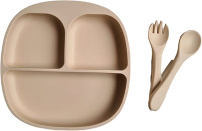 Dinerset - Kinderserviesset - 3 delig kinderserviesset - Siliconen - diner - Bestek - Kinderbestek - kinderservies - kraamcadeau - baby - kind - servies - babyservies - eten - drinken - dinerset - diner - kraampakket - Beige