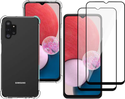 Hoesje geschikt voor Samsung Galaxy A13 4G - Anti Shock Proof Siliconen Back Cover Case Hoes Transparant - 2x Full Tempered Glass Screenprotector