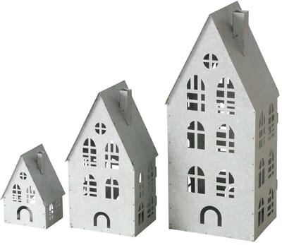 Boltze - Waxine Huisjes - Huisjes - Lantaarn huisjes - set van 3 - Metaal - Zink - 37, 24 en 13cm hoog