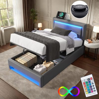 Bed 90 x 190 cm with LED and USB (Supports Wireless), Upholstered Bed 90 x 190 cm with Headboard and Storage Space, Single Bed with Slatted Frame, Storage Bed Teenage Bed, Modern Bed Frame
