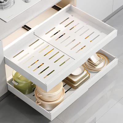Dailygoods - Dokeno 2 stuks telescopische laden met lijm, kastorganizer, uittrekbaar, breedte verstelbaar (32-52 cm), keukenladen, kastorganizer, uitbreidbaar voor keuken, badkamer (wit)