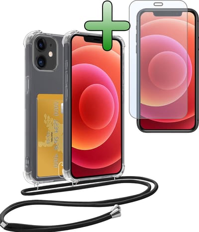 Hoes Geschikt voor iPhone 12 Hoesje Pas Houder Shock Proof Case Hoes Met Koord Met Screenprotector - Hoesje Geschikt voor iPhone 12 Hoes Met Telefoonkoord Pasjeshouder Cover - Transparant