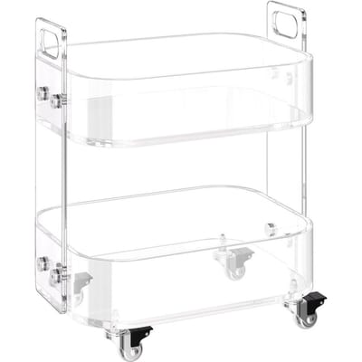 Acryl Tafel met Wielen, 2 Laags Mobiele Kar Tafel, Moderne Rollende Acryl Opberg Bureau, Heldere Nachtkastje Zijtafel, voor Woonkamer, Slaapkamer,