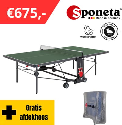 Sponeta® S4-72E Expertline Tafeltennistafel Outdoor - Verrijdbaar - Inklapbaar - Inclusief en bathouder en tafeltennisnet - Zelftrainer - Instapbeveiliging - 4 mm dik groen Tafeltennisblad - LxBxH 274x152,5x76 cm - 10 jaar garantie - Made in Germany