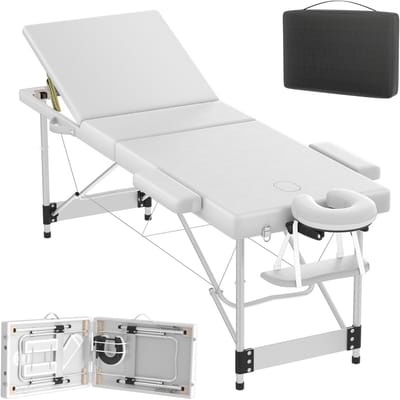 ACXIN Massagetafel – Opvouwbare Aluminium 3-Zone Massagebed – 230Kg Draagkracht – 8,5cm Schuim – Draagtas – Hoofdsteun – Armsteunen – Beige