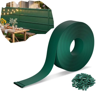Froadp Groen 210 m premium PVC-privacystroken 4,7 cm voor dubbelstaafhekken, weerbestendig, UV-bestendig, scheurvast, ondoorzichtige windscherm voor tuin, balkon en terras, inclusief clips