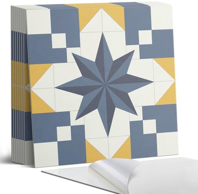 Coloray Plaktegels - Geometrisch sterpatroon Portugese Tegels - 30 cm x 30 cm - Blauw Plaktegels - 9 stuks - Vierkant PVC Tegels - Plaktegels Keuken - Zelfklevende Vloertegels - Vinyltegels Vloer Zelfklevend - Zelfklevende Tegels
