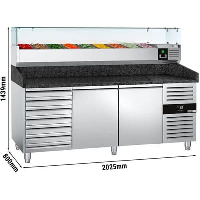 GGM Gastro Pizzakühltisch PREMIUM - 2000x800mm - mit 2 Türen & 7 Schubladen - inkl. Kühlaufsatzvitrine - 9x GN 1/3 Zilver