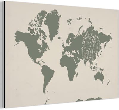 Wanddecoratie Metaal - Aluminium Schilderij Industrieel - Wereldkaart - Dieren - Leeuw - 120x80 cm - Dibond - Foto op aluminium - Industriële muurdecoratie - Voor de woonkamer/slaapkamer