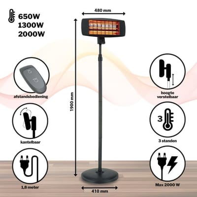 Leak-Care Staande Terrasverwarmer - Infrarood - 2000W - Energiezuinig - Met Afstandsbediening - 3 Standen - Zwart