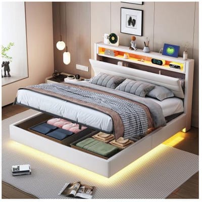 Lit rembourré - MUVOE - 140 x 200 cm - Rangement hydraulique - Tête de lit réversible - LED multicolores & USB beige