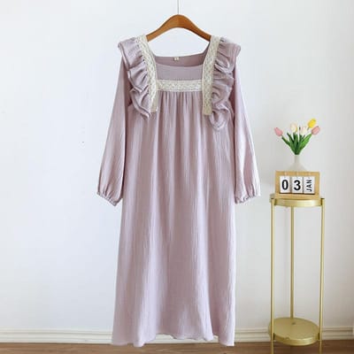 Nieuwe Dames 100% Katoen Slaaprok Lente/Zomer Dames Ruche Paleisstijl Lange Mouw Rok Effen Kleur Lange Rok XL